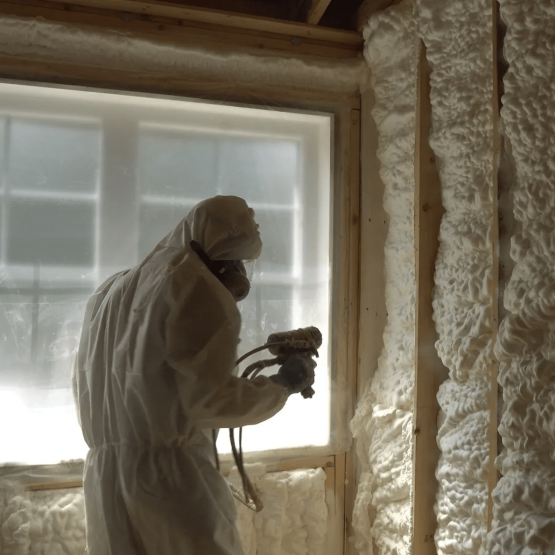 A person using a spray gun to install insulation in a home. They are wearing all white protective gear